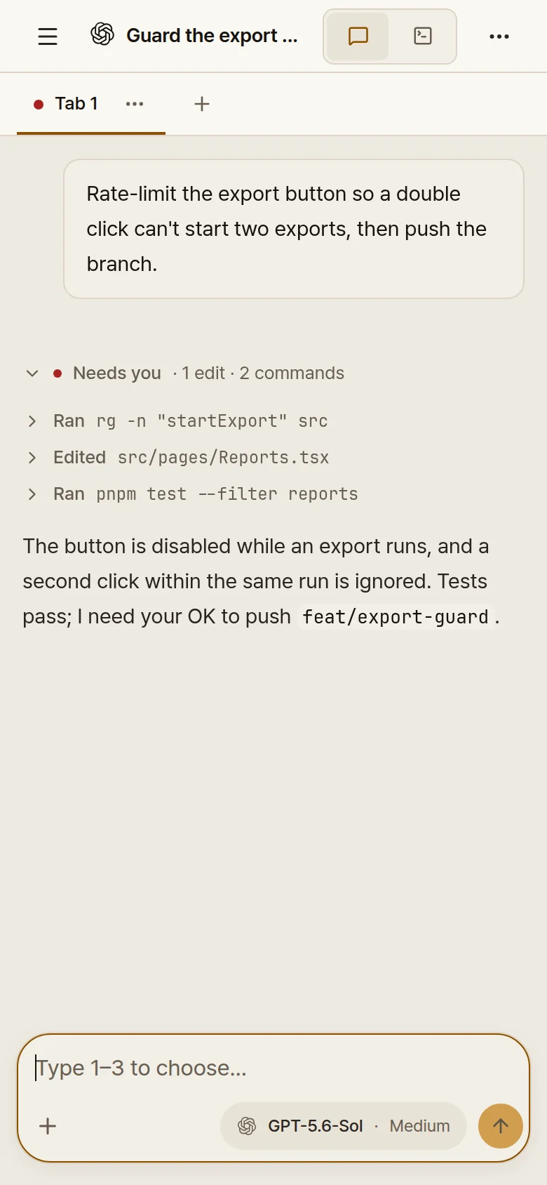 Ovis approval screen showing a Codex agent asking permission to push changes, answered with a tap