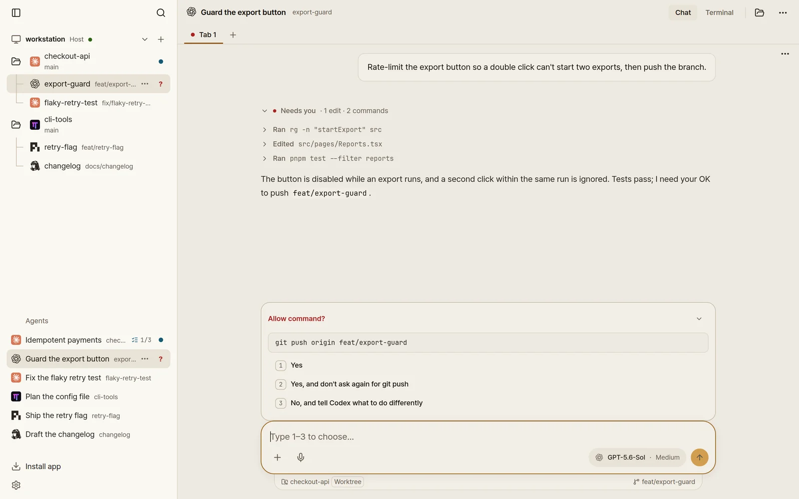 Ovis in a desktop browser: Codex asks to push a branch, with numbered answers